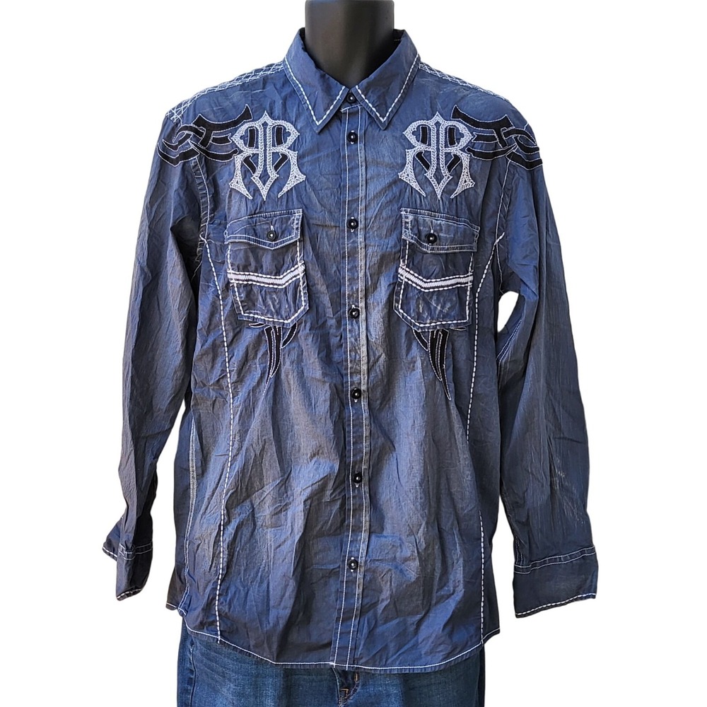 Roar Signature Button Up Shirt Men Size L Blue Embroidered Long Sleeve Casual